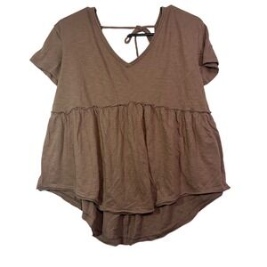 SO Brown Peplum Top V-Neck Tie Back Babydoll / Fairytale / Country Shirt XS